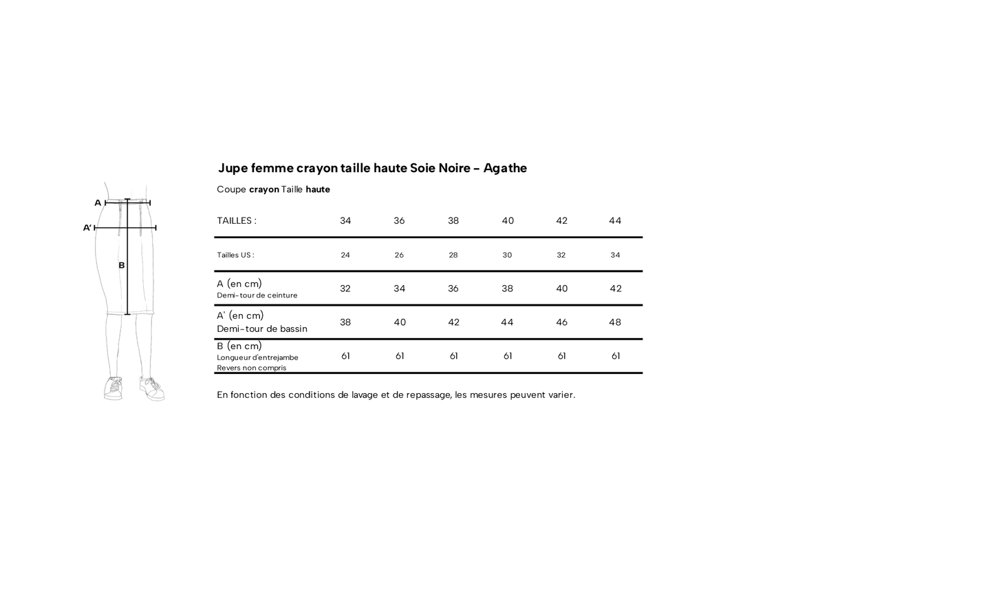 Jupe crayon taille haute Soie Noire - Agathe