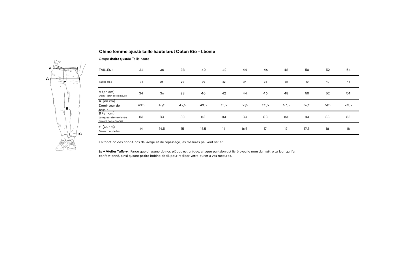 Chino ajusté taille haute Brut Coton Bio - Léonie