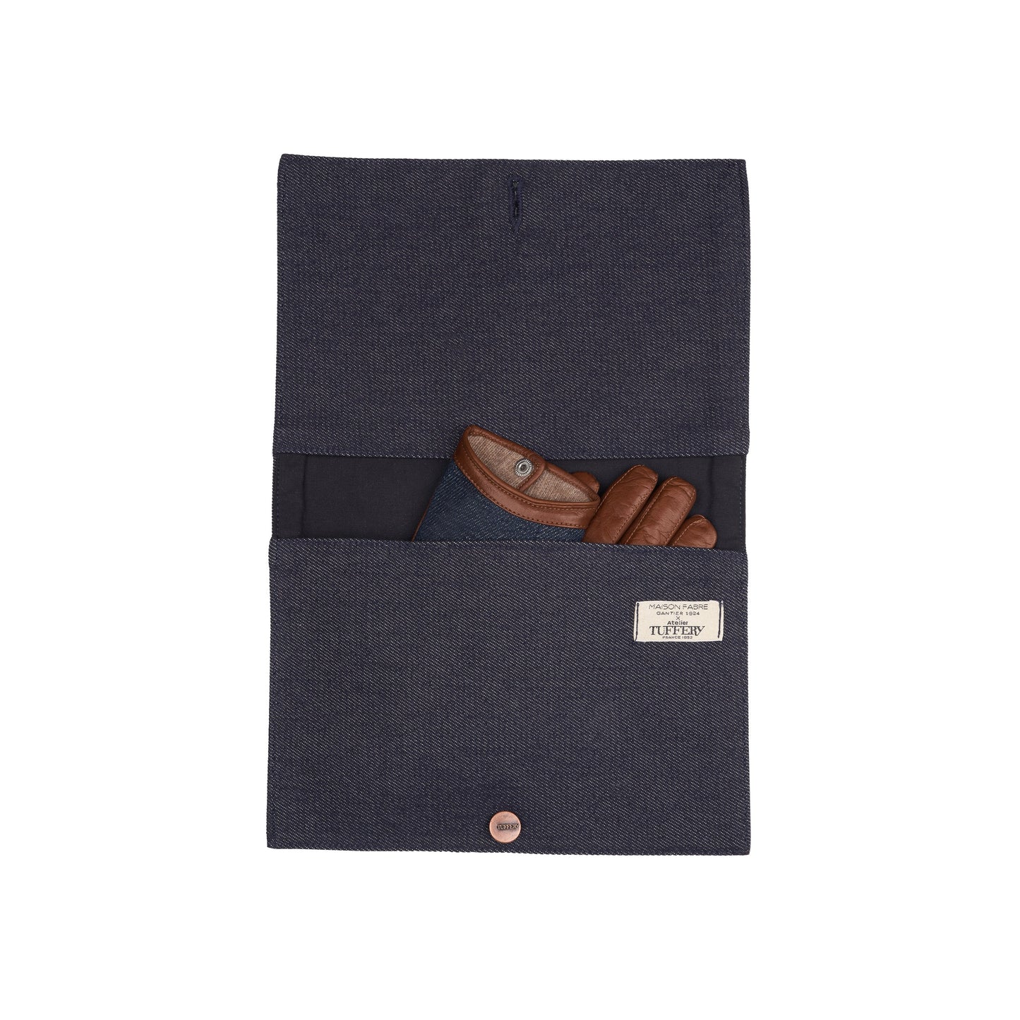 Gants homme en cuir camel et jean doublé cachemire