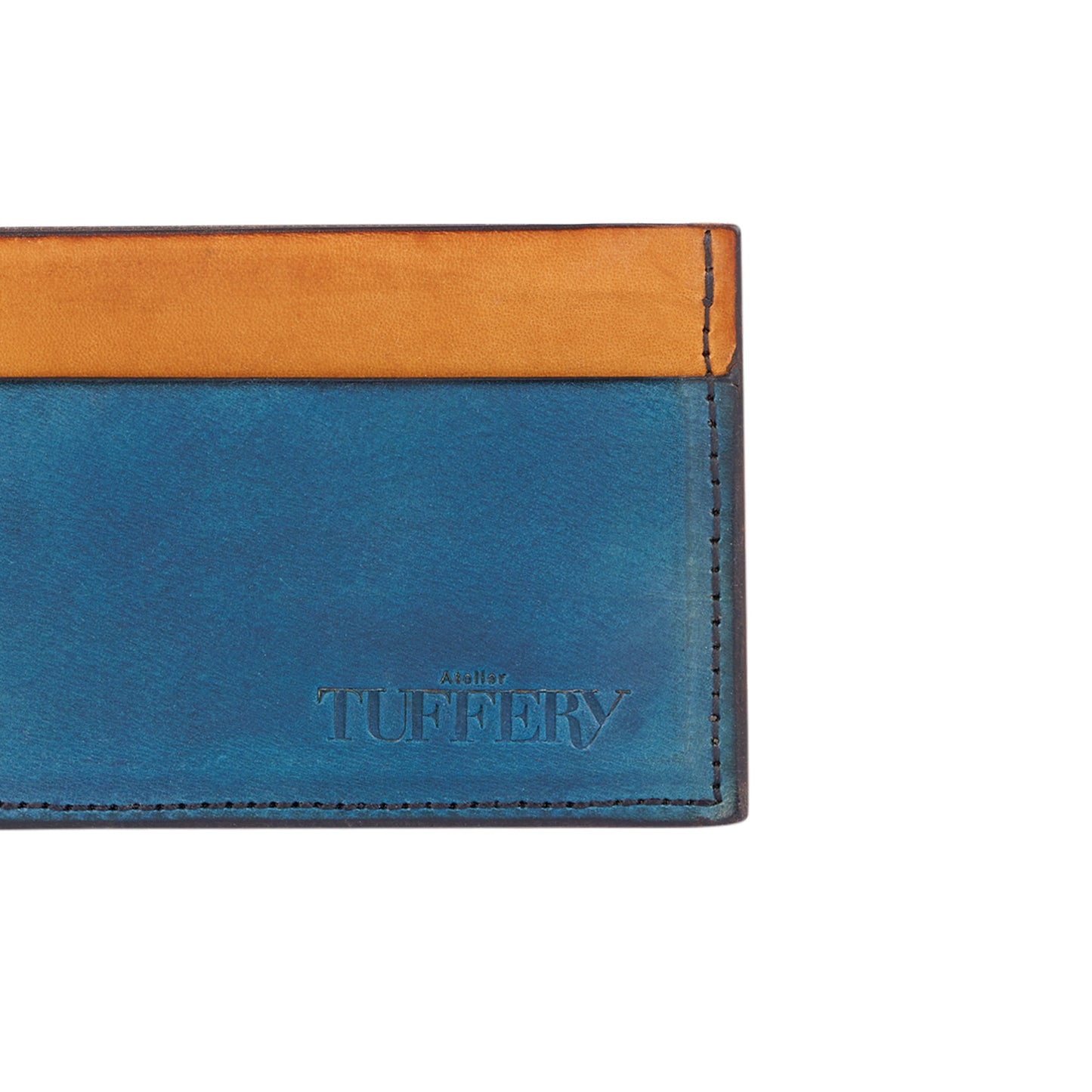 Porte-cartes en cuir bleu & camel