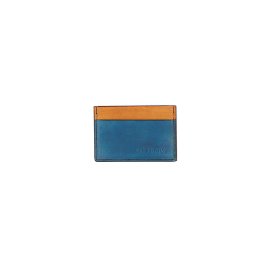 Porte-cartes en cuir bleu & camel